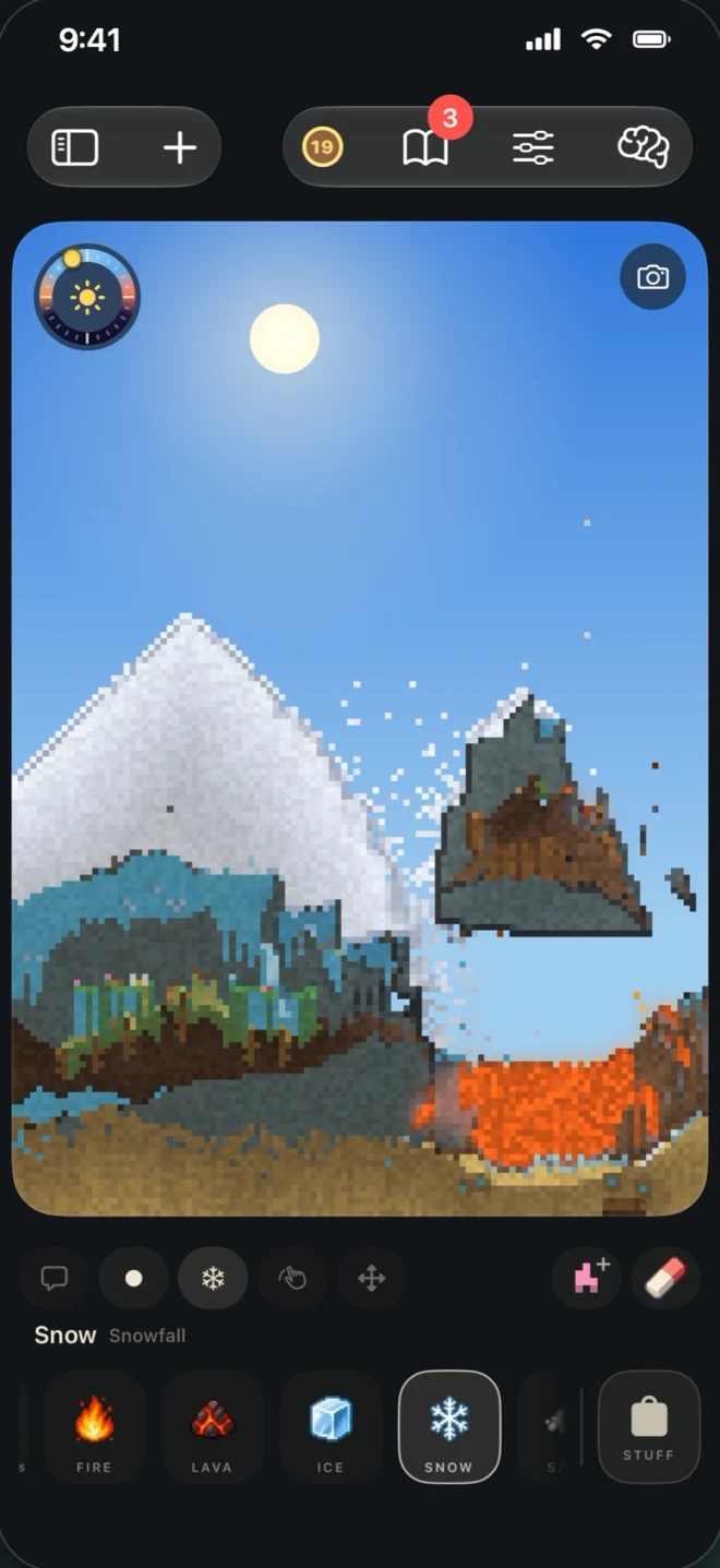 Sandlings on an iPhone in portrait orientation: a snowy mountain beside a lava fall