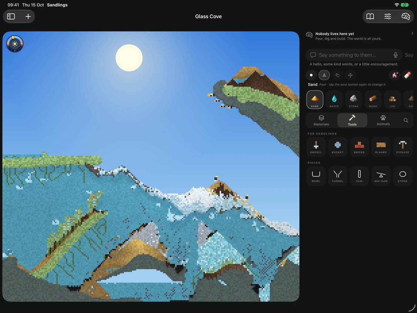 Glass Cove on an iPad in landscape, with Sand first and Tools selected in the controls beside the world